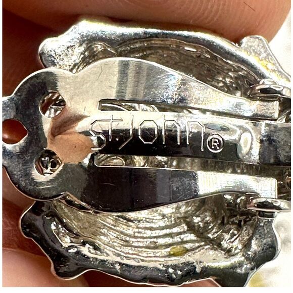 St. John silver tone and white square clip on earrings - Picture 4 of 10